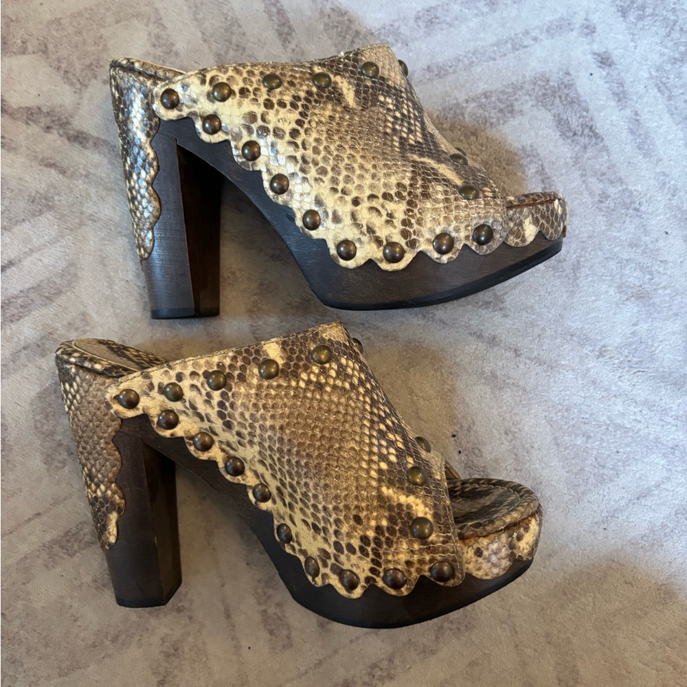 Never worn Stuart Weitzman Brown Leather Snake Print Studded Mules-9